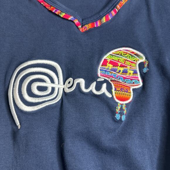 Peru Embroidered Alpaca Navy Baby Tee S Fitted Cotton Boho Y2K Folk Travelcore - Picture 6 of 12